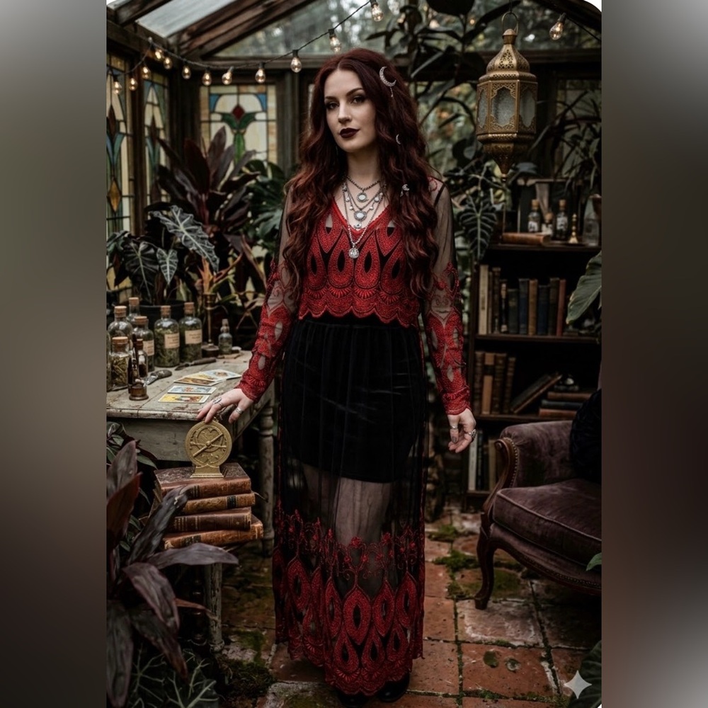 Sheer Lace Tie Waist Dress Whimsigoth Witchy Fairy Grunge RenFen Vamp Size L